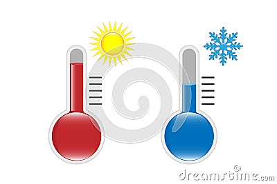 Flat design of celsius and fahrenheit meteorology thermometers. Measuring hot and cold temperature. Snowflake, sun icons. Vector Illustration