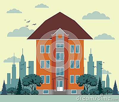 Flat design city houses, skyscrapers, colorful cottage building Vector Illustration