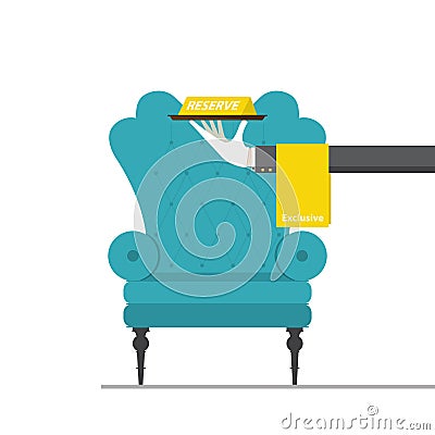 Flat design for classic chair with hand holding reserved sign. Vector Illustration