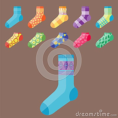 Flat design colorful socks set vector illustration selection of various cotton foot warm cloth Vector Illustration