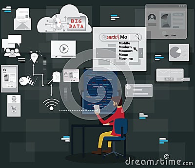 Flat design of computer programming concept,Young man is creating socail platform on his devices - vector Vector Illustration