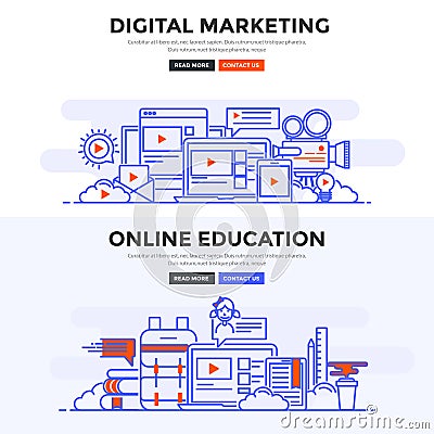 Flat design concept banner - Digital Marketing and Online education Vector Illustration