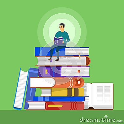 Flat design concept books. a man sit on a book for education and Vector Illustration