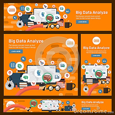 Flat design concept building text big data analysis with construction team. Vector illustrate. Vector Illustration