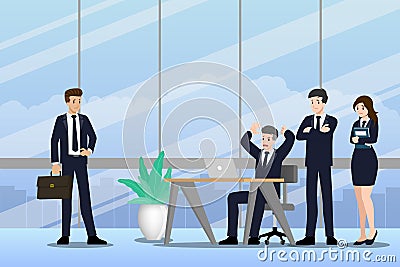 Flat design concept of Businessman and Business woman teamwork with different poses, working and presenting gestures, actions and Vector Illustration