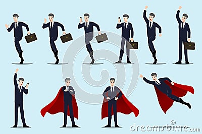 Flat design concept of Businessman with different poses, working and presenting process gestures, actions and poses. Vector Illustration