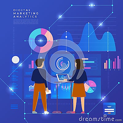 Flat design concept data analysis. Visualize with graph and char Vector Illustration