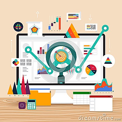 Flat design concept data analysis. Visualize with graph and char Vector Illustration