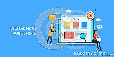 Flat design concept of digital news publishing, content publication, marketing. Vector Illustration