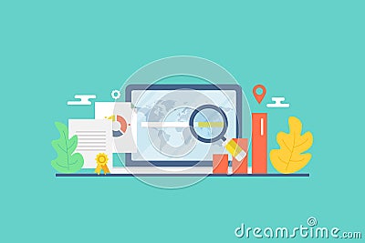 Seo optimization, search marketing, website data analysis, local business seo, vector illustration, web banner template. Vector Illustration