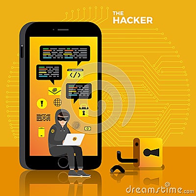 Flat design concept hacker activity cyber thief on internet devi Vector Illustration