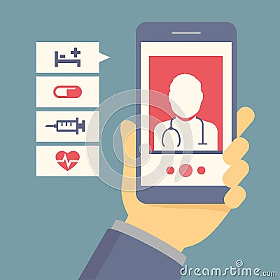 Flat concept of hand holding mobile phone with medical assistance, doctor consultation and featuring medical icons Vector Illustration