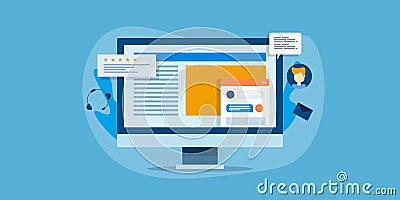 Live chat support system window showing on computer screen, online customer experience, communication, digital web concept. Vector Illustration