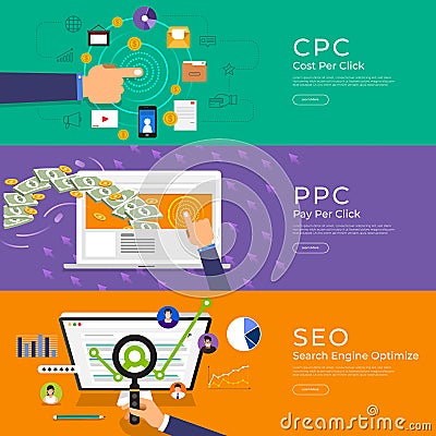 Flat design concept pay per click (ppc), cost per click (cpc) an Vector Illustration