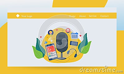 Flat design concept of podcasting studio, digital media content, radio, listening to podcast, social influence, web banner. Vector Illustration