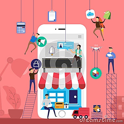 Flat design concept team working for online store e-commerce technology on mobile. Vector illustrate. Vector Illustration