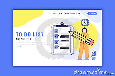 Flat Design Concept Of To Do List.Time Management, Planning and Strategy.Woman hold Big Pencil and Big Clip Board. Website, Vector Illustration