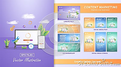 Flat design concept of updating system. The process of upgrading to System Update, replacing newer versions and installing Vector Illustration