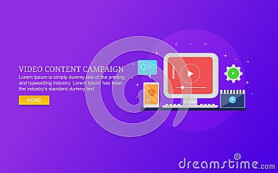 Video marketing campaign, digital content showing on computer, mobile device. Vector Illustration