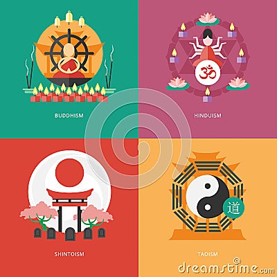 Flat design concepts for buddhism, hinduism, shintoism, taoism. Vector Illustration