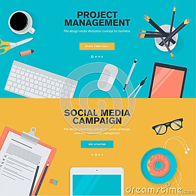 Flat design concepts for project management and social media campaign Vector Illustration