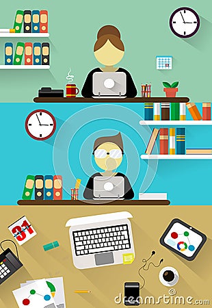 Flat design corporate business team people sitting behind desk. Office workers, front view. Vector Illustration