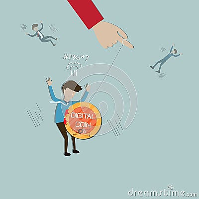 Flat design of cryptocurrency, Young investors attacked by digital coins - vector Vector Illustration