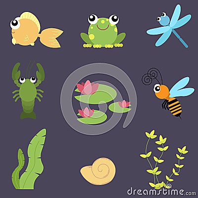 Flat design cute animals set. River life: fish, frog, dragonfly, crayfish, bee, water lily, shells Vector Illustration