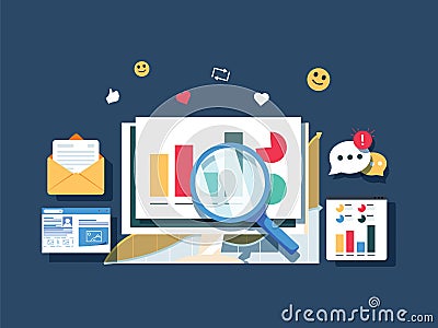 Flat design Data marketing, analytics, search data, website traffic analysis vector banner. Diagram analysis Vector Illustration