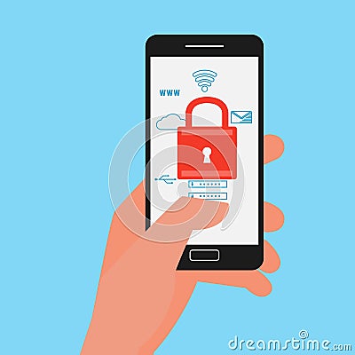 Flat design data security. Hand holding smartphone protect sensitive data. Internet security. Vector Illustration