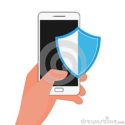 Flat design data security. Hand holding smartphone protect sensitive data. Internet security. Vector Illustration