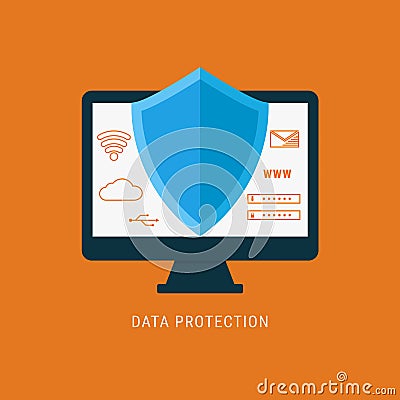 Flat design data security. Shield on computer protect sensitive data. Vector Illustration