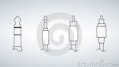 Linear design data, video and audio data cable connectors. design element set. 6,35 mm and 3,5 mm Headphone output, RCA ana Stock Photo