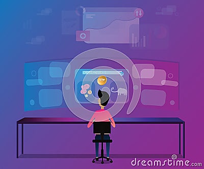 Flat design of digital technology,A man sitting in front of computer for create and sell his NTF - vector Vector Illustration