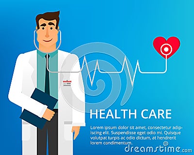Flat design doctor. Handsome doctor with stethoscope and many different medical icons. Cardiologist Dr. Vector Vector Illustration