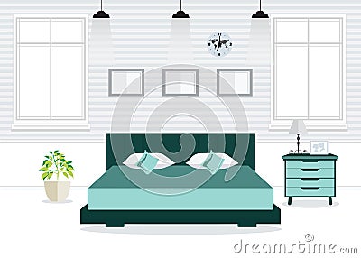 Flat Design Double Bedroom with furniture. Vector Illustration