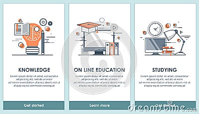 Flat design educational app screens. Modern user interface UX, UI screen template for mobile smart phone or responsive web site Vector Illustration