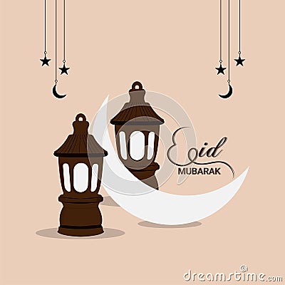 Flat design of eid mubarak with vector lantern and moon Stock Photo