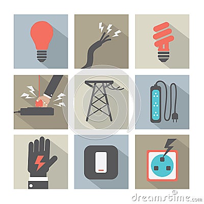 Flat Design Electricity Power Icons Set Vector Illustration