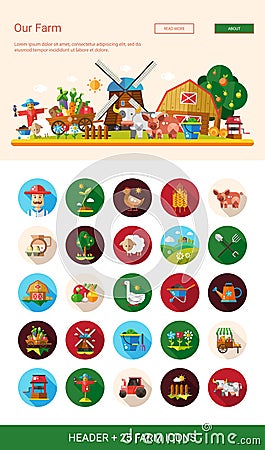 Flat design farm, agriculture icons and elements with header Vector Illustration