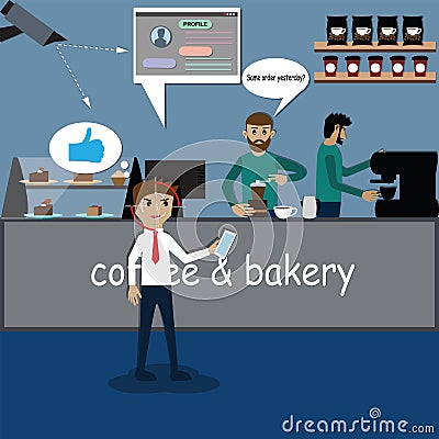 Flat design of good customer experience concept,The owner using big data for make the great customerâ€™s experience,Vector Vector Illustration