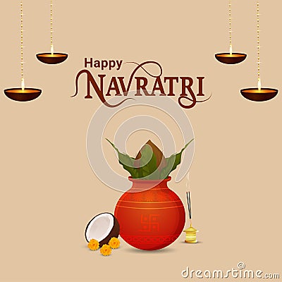 Flat design of happy navratri celebration greeting card with vector kalash Stock Photo