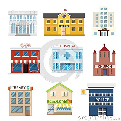 Flat design house buildings administrative religious commercial vector illustration Vector Illustration