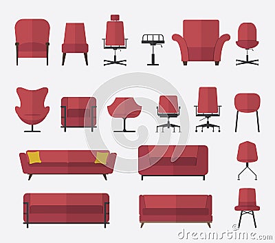 Flat design icon set of chair and sofa in marsala color. Vector. Illustration. Vector Illustration