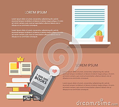 Flat design illustration books and window. Concepts web banner Vector Illustration