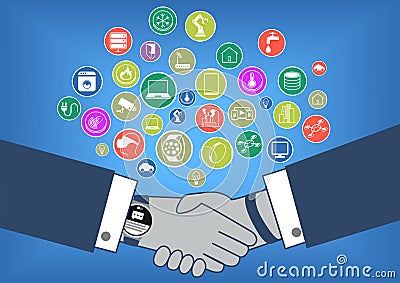 Flat design illustration of business transaction in internet of things era with hand shake and smart watch Vector Illustration