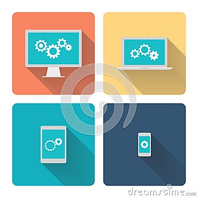 Flat design illustration: computer programming. Cogwheels, gears on screen. Vector Illustration