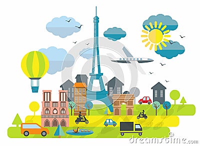 Flat design illustration with Eiffel tower in Paris town Vector Illustration