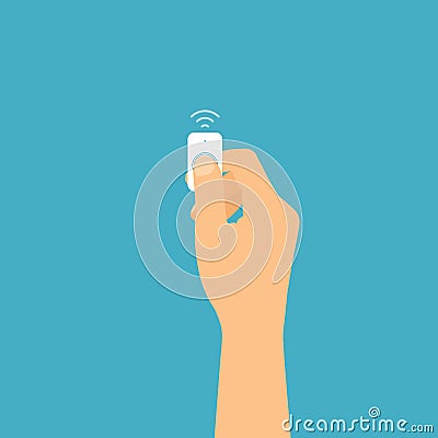 Flat design illustration of a hand holding an infrared remote control. Finger pressed the button, vector Vector Illustration