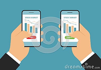 Flat design illustration of hand holding touch screen mobile phone. Graph of declining financial crisis market with invest and Vector Illustration